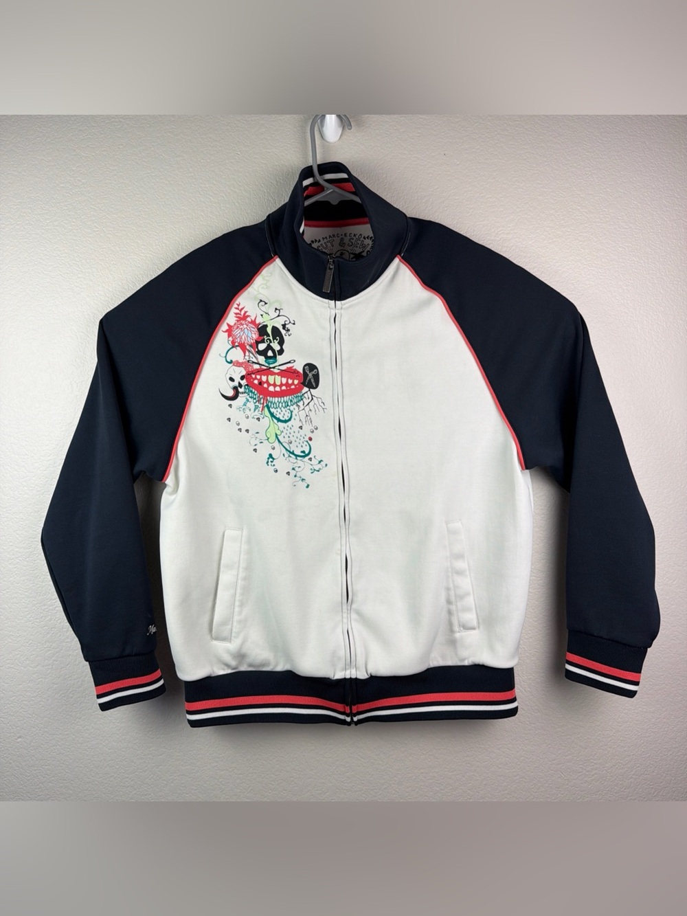 Marc Ecko Full Zip Track Jacket Skull Grunge Tattoo Y2K White Men’s Large - Picture 2 of 10